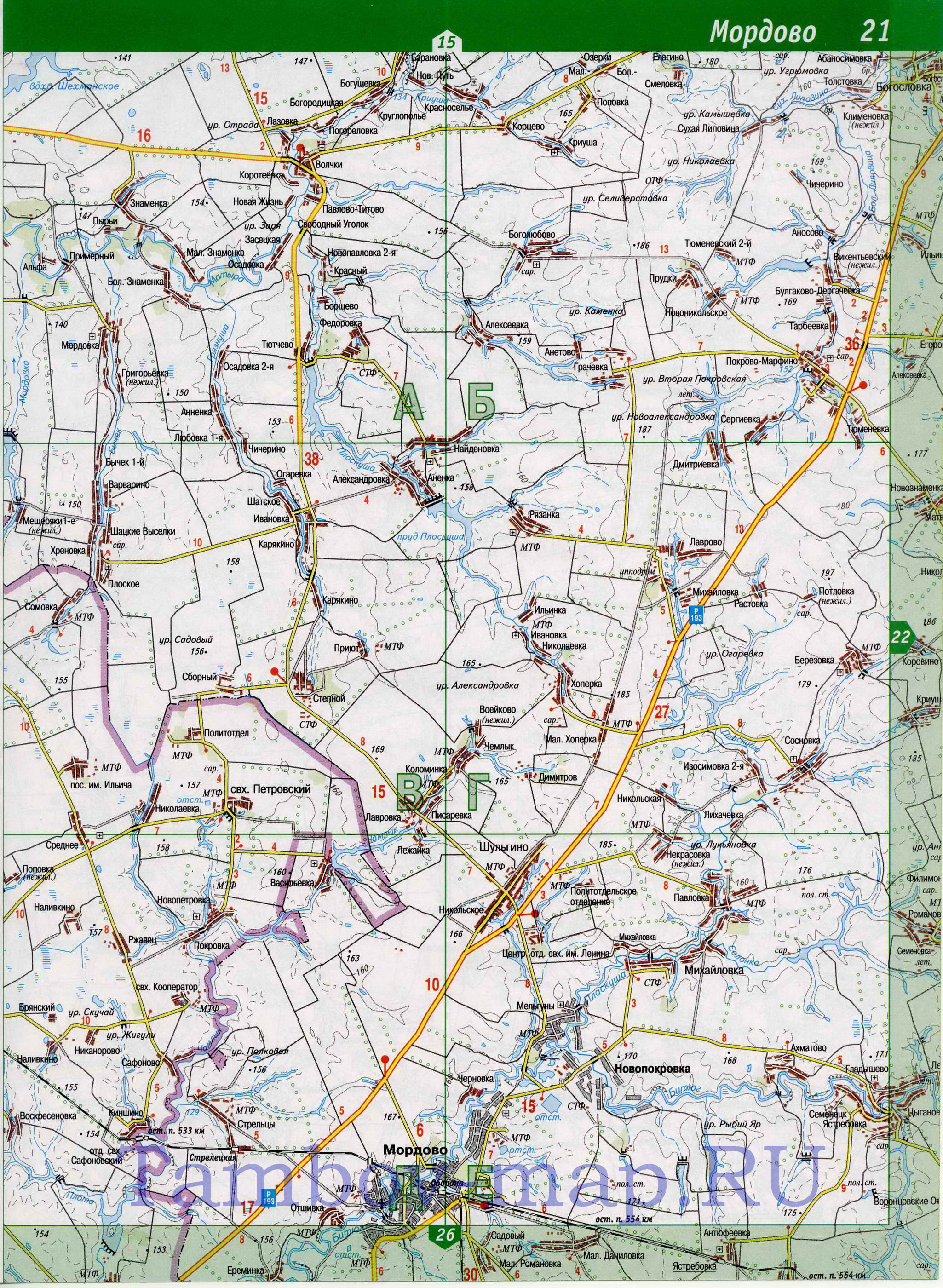 Карта Мордовского района, Тамбовская область. Подробная карта автодорог - Мордовский район, B0 - 
