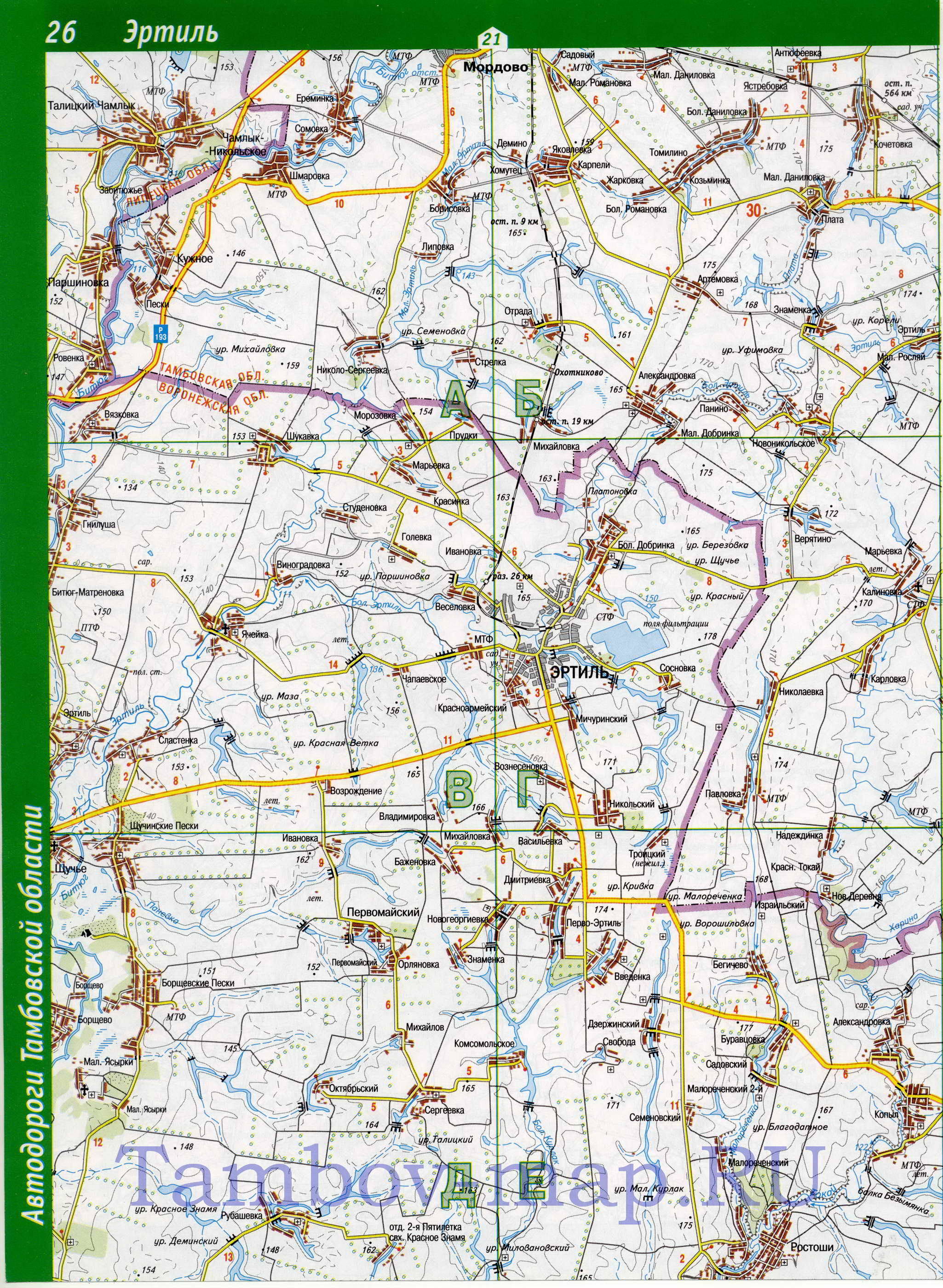 Карта Мордовского района, Тамбовская область. Подробная карта автодорог - Мордовский район, B1 - 